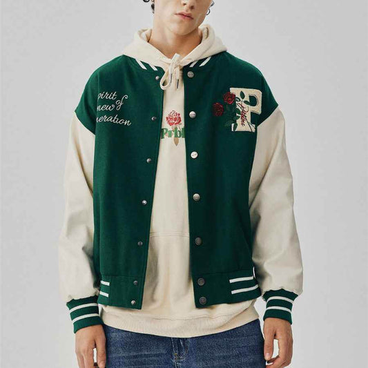 Rose Embroidered Baseball Uniform Loose High Street Jacket For Men MuddyStock