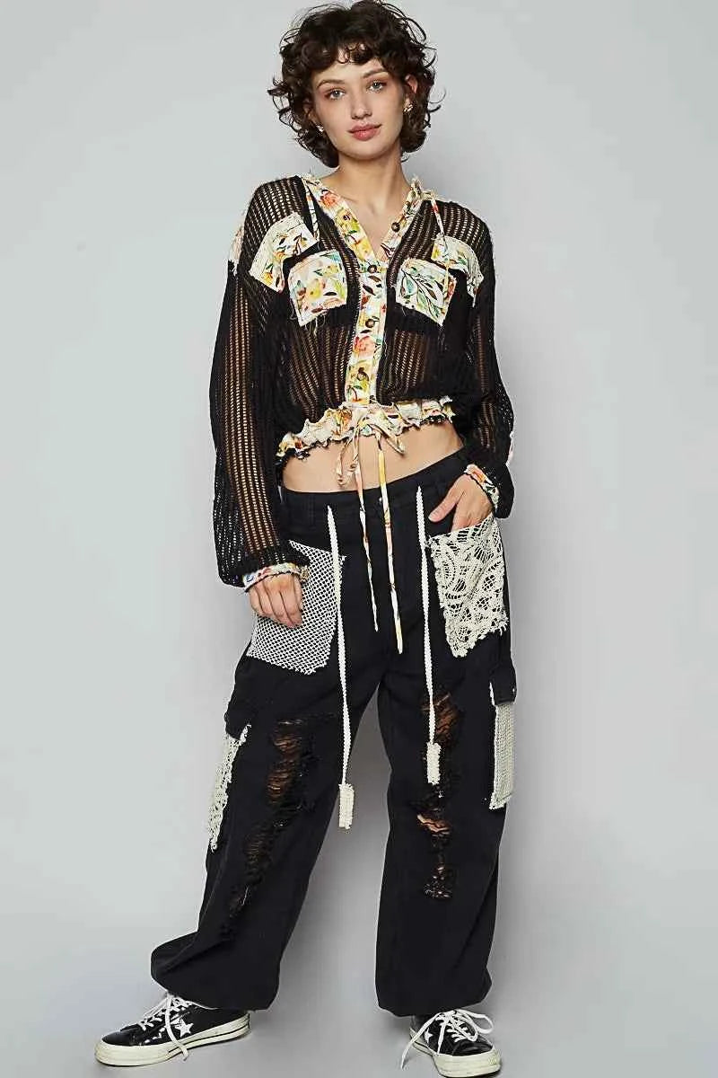 Vintage Washed Crochet Hoodie Top With Patchwork For Women Trendsi