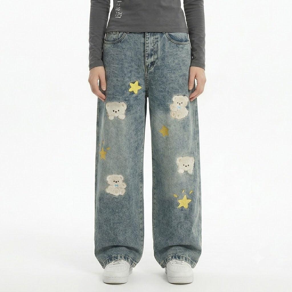 Casual Loose Fit Cartoon Embroidery Distressed Denim Pants For Women | MuddyStock Originals