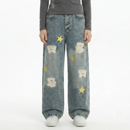 Casual Loose Fit Cartoon Embroidery Distressed Denim Pants For Women | MuddyStock Originals