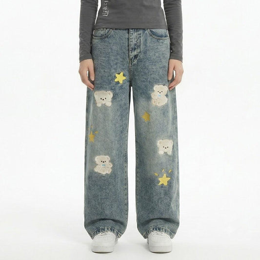 Casual Loose Fit Cartoon Embroidery Distressed Denim Pants For Women | MuddyStock Originals