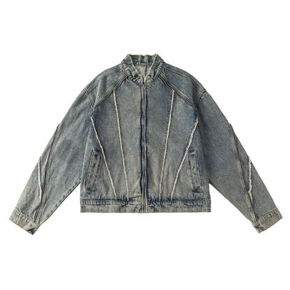 Retro Short Frayed Hem Jacket For Women Blue null