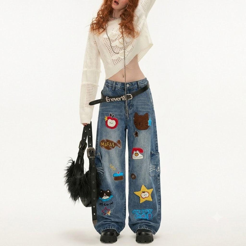 Retro Style Cartoon Embroidery Knife Jeans For Women | MuddyStock Originals