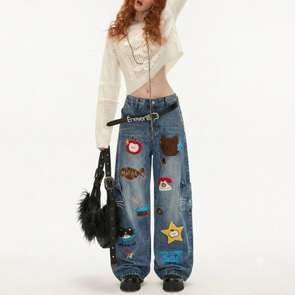 Retro Style Cartoon Embroidery Knife Jeans For Women | MuddyStock Originals