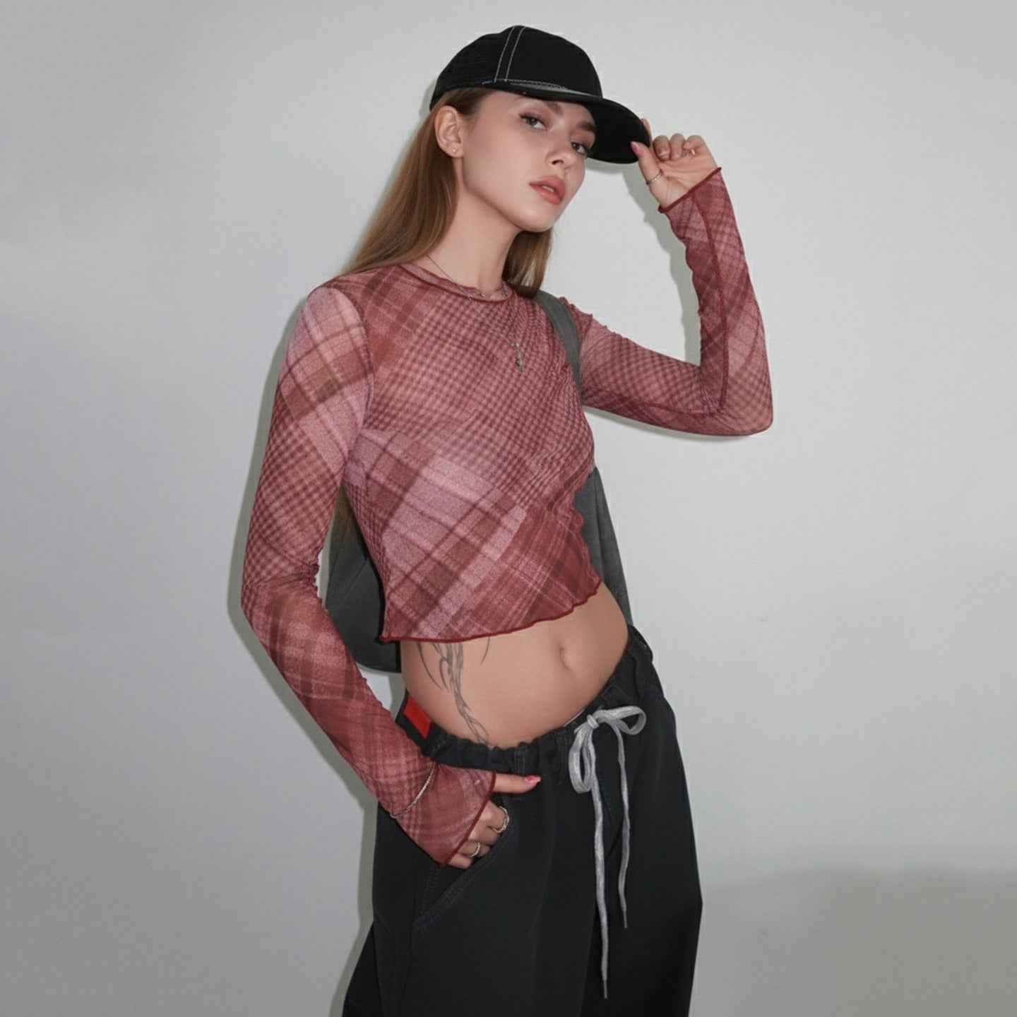 Check Mesh Outerwear Lightweight See-through Top MuddyStock