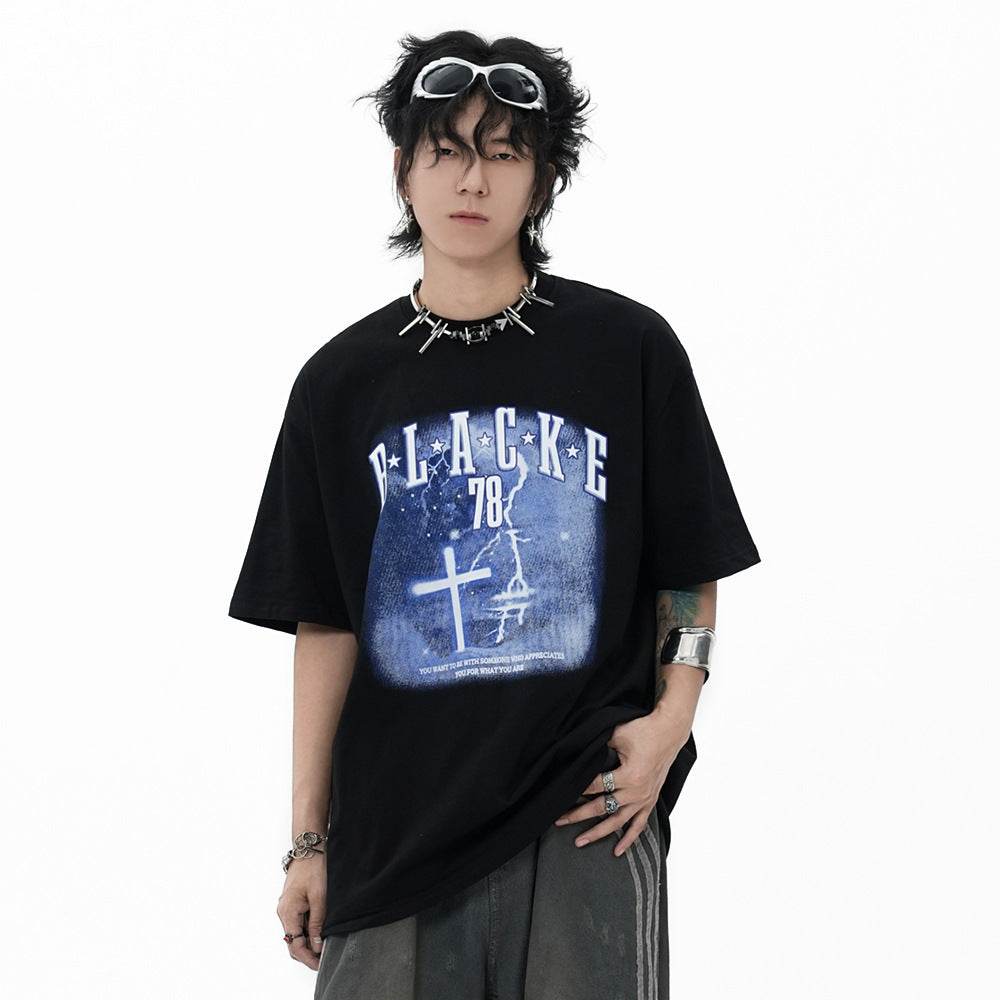 Fashion Cross Printed T-shirt Short Sleeve Men MuddyStock