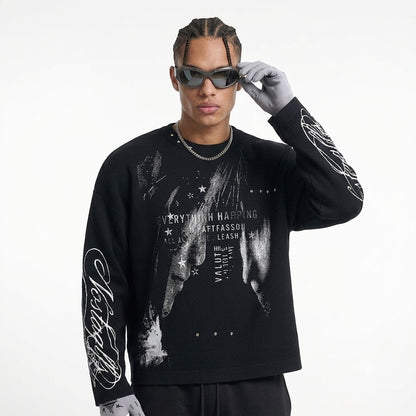 Gothic Subculture Waffle Long Sleeve Drop Shoulder Rivet Anime Graphic T-shirt For Men | MuddyStock Originals