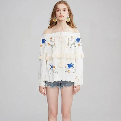 Flower embroidery hollow tassel one shoulder big trumpet sleeve shirt top | MuddyStock Originals MuddyStock