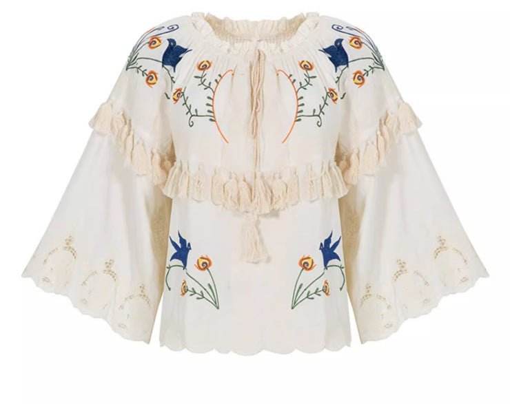 Flower embroidery hollow tassel one shoulder big trumpet sleeve shirt top | MuddyStock Originals white MuddyStock