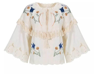 Flower embroidery hollow tassel one shoulder big trumpet sleeve shirt top | MuddyStock Originals white