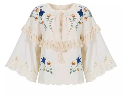 Flower embroidery hollow tassel one shoulder big trumpet sleeve shirt top | MuddyStock Originals white MuddyStock
