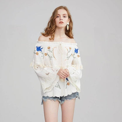Flower embroidery hollow tassel one shoulder big trumpet sleeve shirt top | MuddyStock Originals MuddyStock