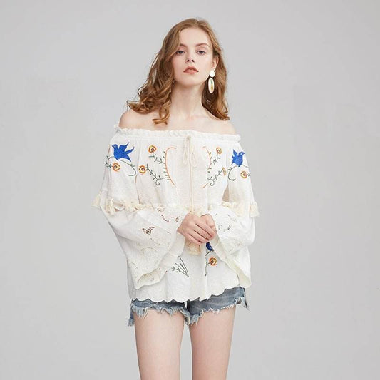 Flower embroidery hollow tassel one shoulder big trumpet sleeve shirt top | MuddyStock Originals MuddyStock