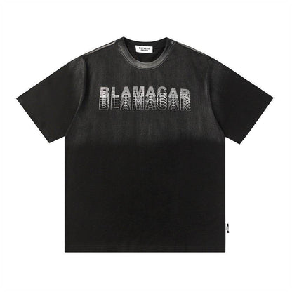 Gradient Letter Loose T-shirt Short Sleeve Men Black MuddyStock