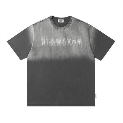 Gradient Letter Loose T-shirt Short Sleeve Men Dark Gray MuddyStock