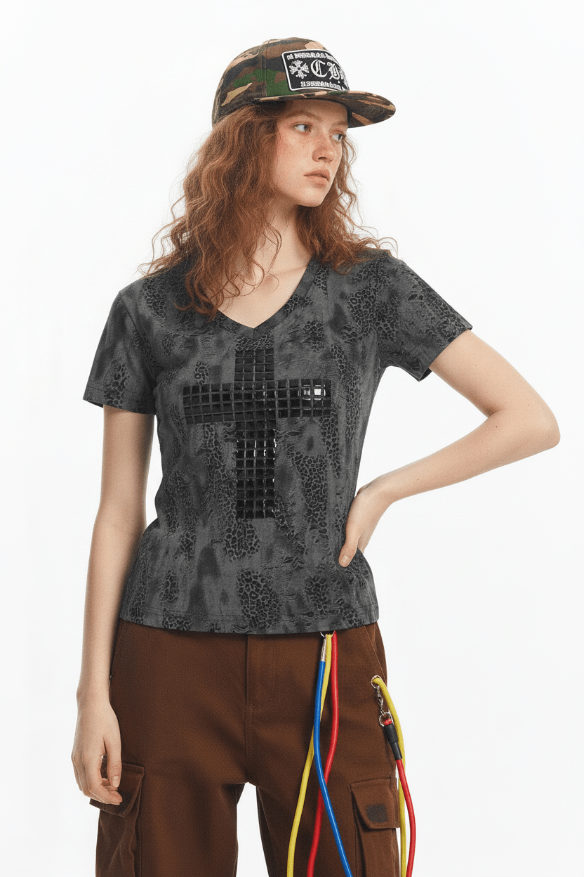Distressed Leopard Print V-Neck Short Sleeve T-Shirt Top For Women | MuddyStock Originals