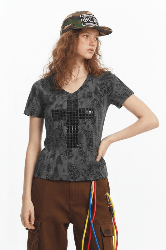 Distressed Leopard Print V-Neck Short Sleeve T-Shirt Top For Women | MuddyStock Originals
