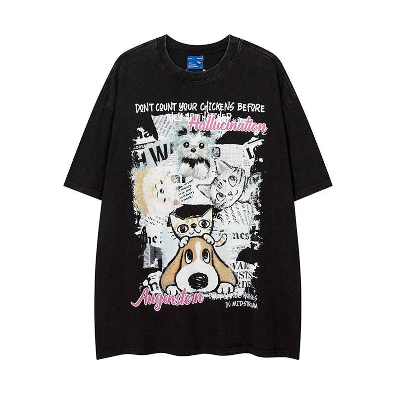 Hand Drawn Cartoon Distressed Printed Short Sleeve Men And Women Black MuddyStock