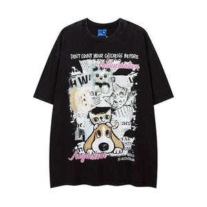 Hand Drawn Cartoon Distressed Printed Short Sleeve Men And Women Black