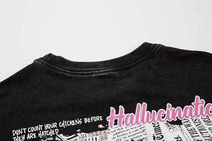 Hand Drawn Cartoon Distressed Printed Short Sleeve Men And Women MuddyStock