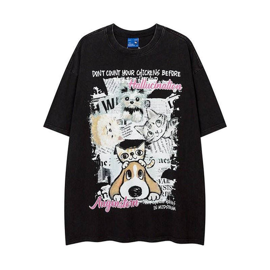 Hand Drawn Cartoon Distressed Printed Short Sleeve Men And Women MuddyStock
