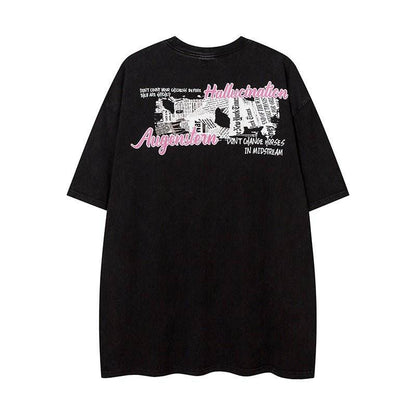 Hand Drawn Cartoon Distressed Printed Short Sleeve Men And Women MuddyStock