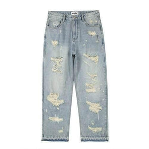 High Street Washed Loose Whiskered Ripped Jeans Light Blue