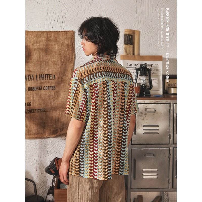 Japanese Style Cuban Collar National Style Hollow Jacquard Color Matching Short Sleeve MuddyStock