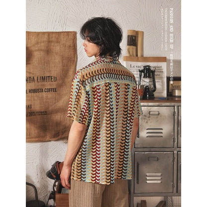 Japanese Style Cuban Collar National Style Hollow Jacquard Color Matching Short Sleeve MuddyStock