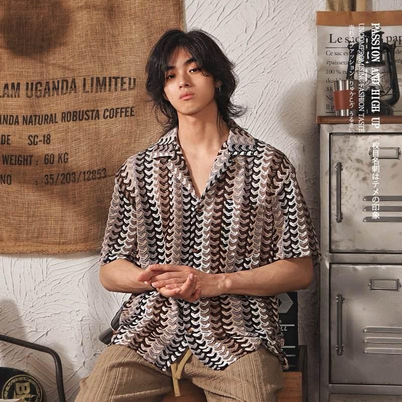 Japanese Style Cuban Collar National Style Hollow Jacquard Color Matching Short Sleeve