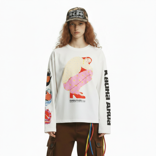Simple style casual loose printed long sleeved top for women | MuddyStock Originals