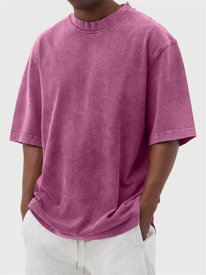 Men's Washed Fried Color Distressed Solid Color Pullover Short T-shirt Pink MuddyStock
