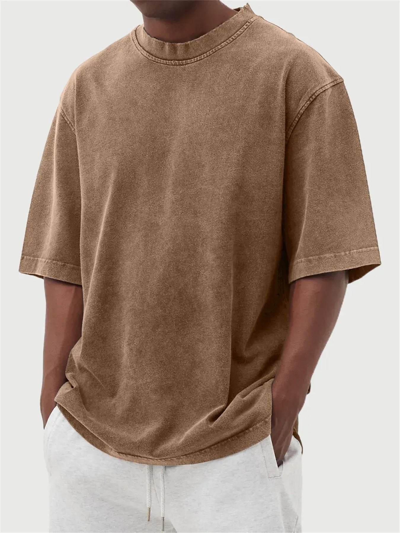 Men's Washed Fried Color Distressed Solid Color Pullover Short T-shirt Dark Brown MuddyStock
