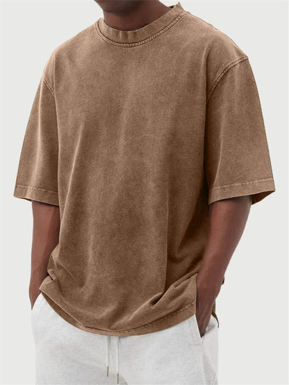 Men's Washed Fried Color Distressed Solid Color Pullover Short T-shirt Dark Brown MuddyStock