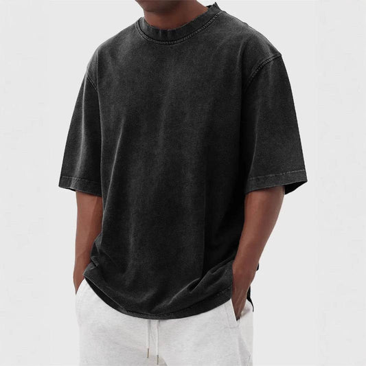 Men's Washed Fried Color Distressed Solid Color Pullover Short T-shirt MuddyStock