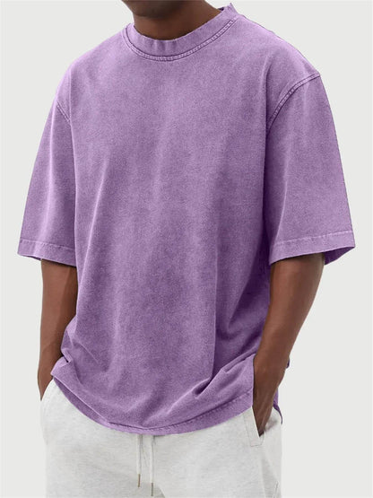 Men's Washed Fried Color Distressed Solid Color Pullover Short T-shirt Purple MuddyStock