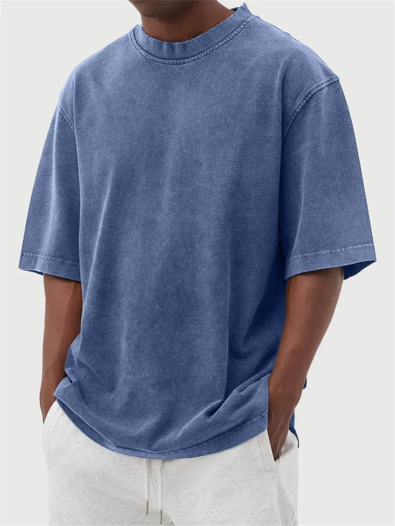 Men's Washed Fried Color Distressed Solid Color Pullover Short T-shirt Blue MuddyStock