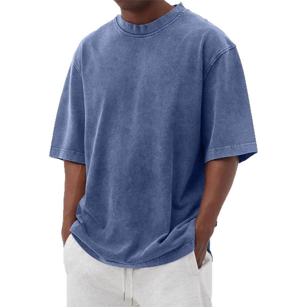 Men's Washed Fried Color Distressed Solid Color Pullover Short T-shirt MuddyStock