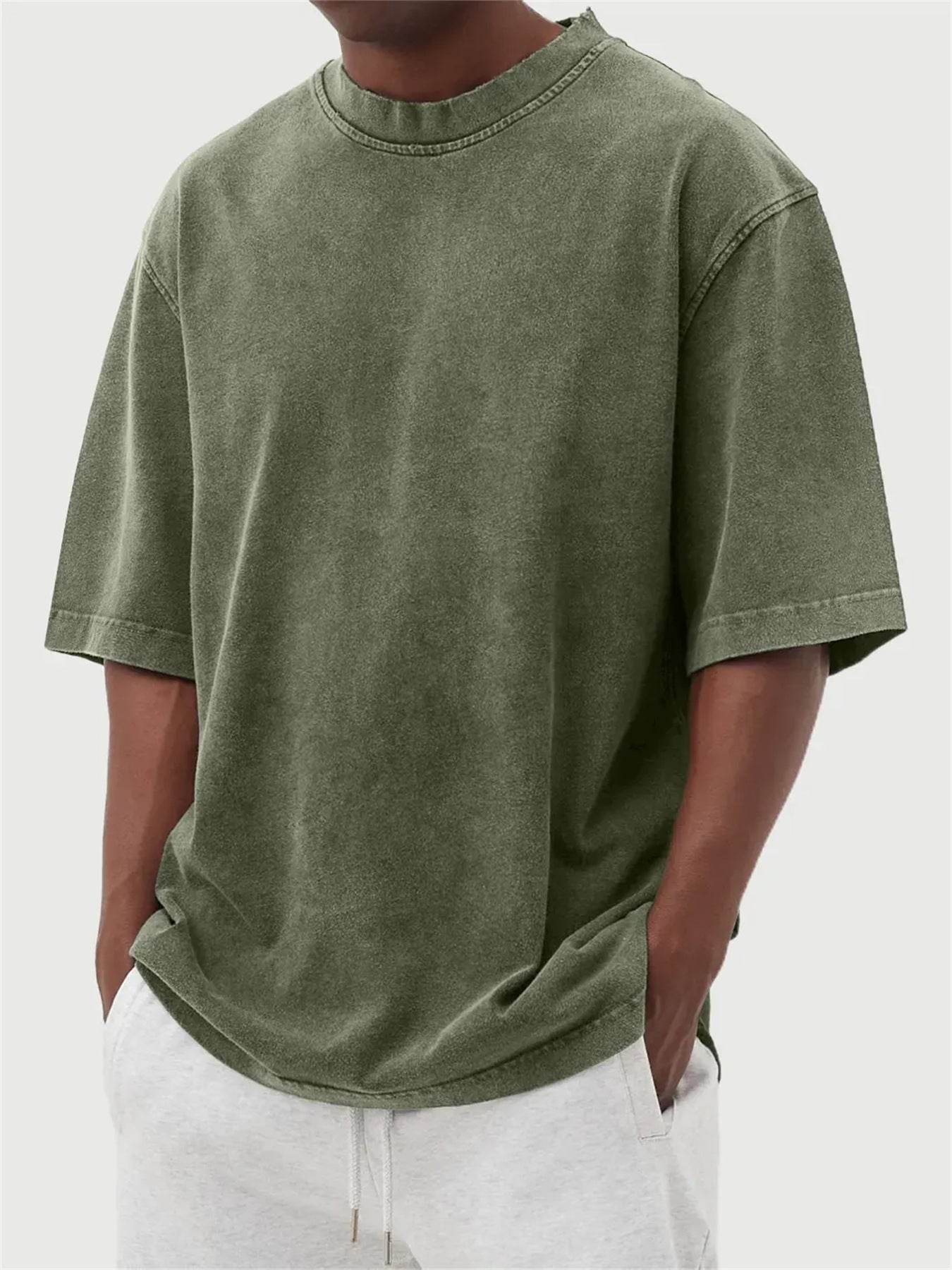 Men's Washed Fried Color Distressed Solid Color Pullover Short T-shirt Army Green MuddyStock