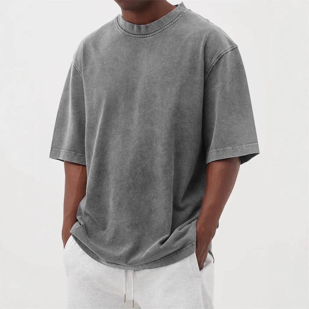 Men's Washed Fried Color Distressed Solid Color Pullover Short T-shirt MuddyStock