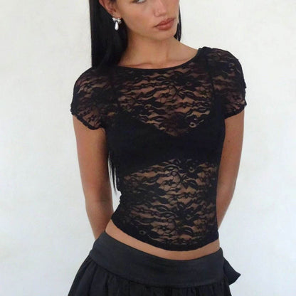 New Lace Round Neck Slim-fit Tops Women MuddyStock