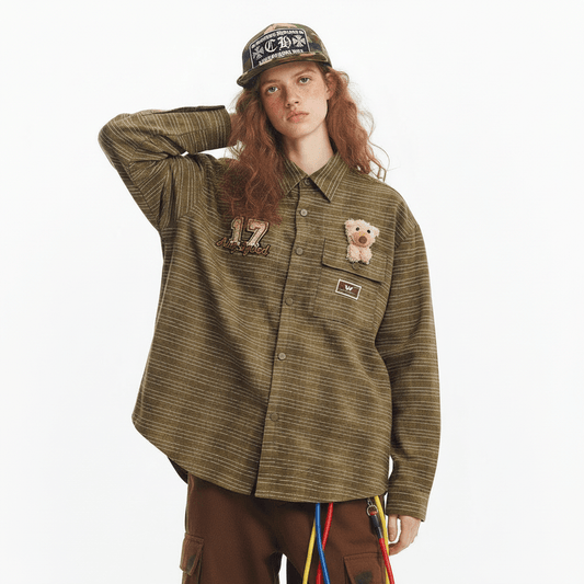Plaid Long-sleeved Shirt With Cute Doll For Women null