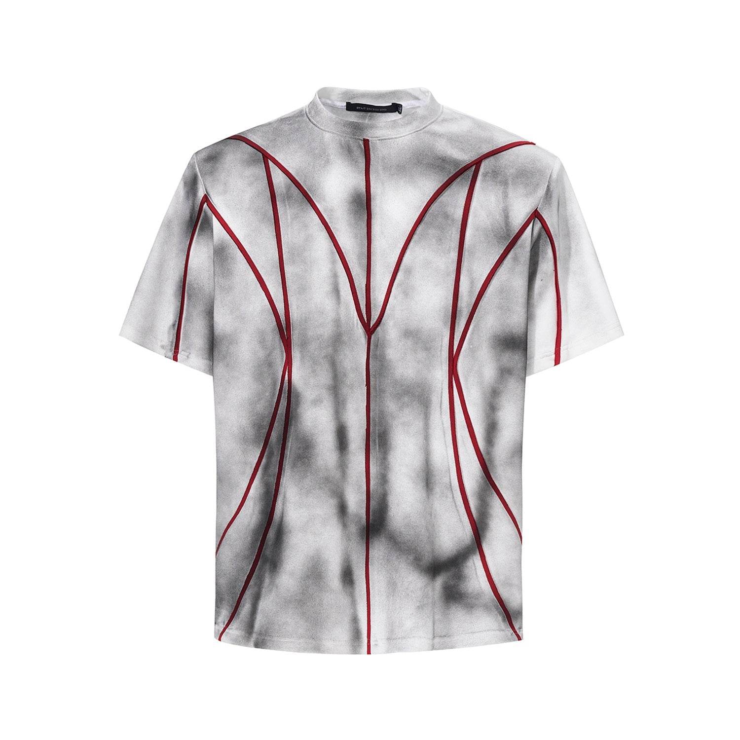 Padded Shoulder Short Sleeve Three-dimensional Line Patchwork Round Neck T-shirt Picture Color MuddyStock