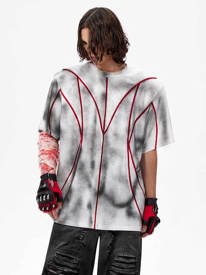 Padded Shoulder Short Sleeve Three-dimensional Line Patchwork Round Neck T-shirt MuddyStock