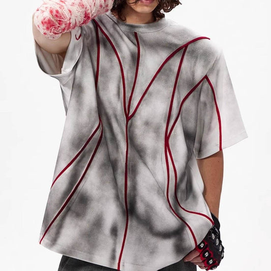 Padded Shoulder Short Sleeve Three-dimensional Line Patchwork Round Neck T-shirt MuddyStock