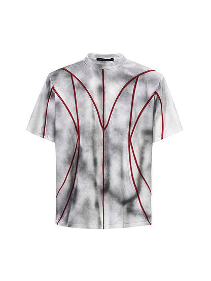 Padded Shoulder Short Sleeve Three-dimensional Line Patchwork Round Neck T-shirt MuddyStock