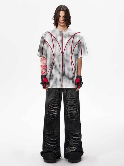 Padded Shoulder Short Sleeve Three-dimensional Line Patchwork Round Neck T-shirt MuddyStock