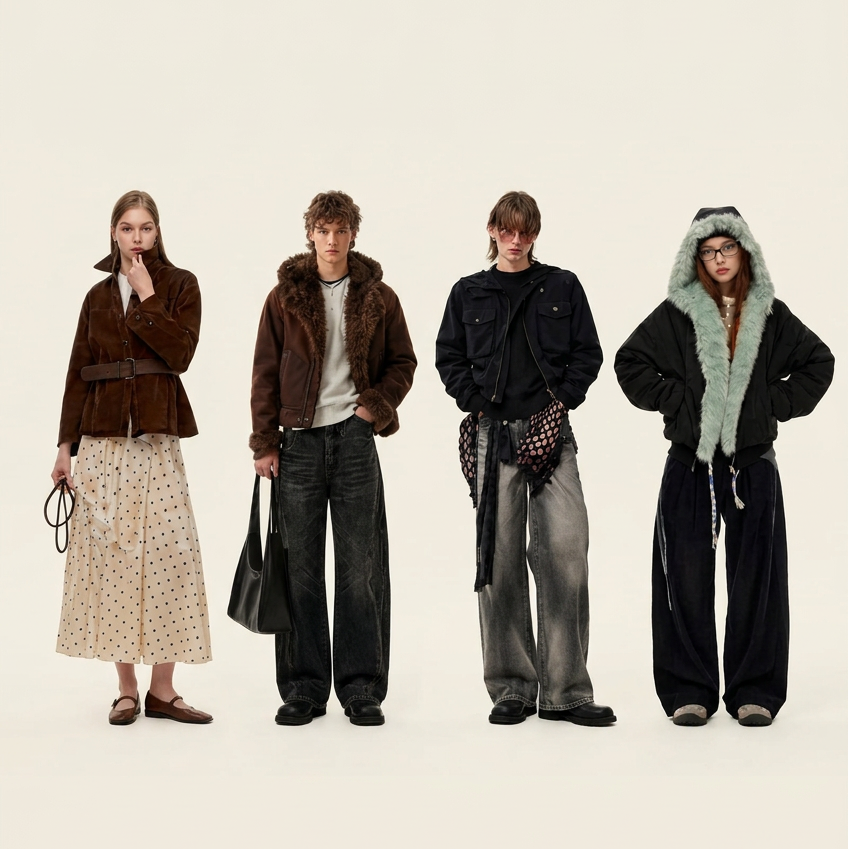 Portrait image with four models side by side and no text