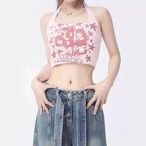 Pure Desire Ins Halterneck Vest Small Sling Women Crop Top Fashion Tops Pink