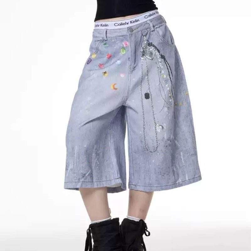 Retro Color Chain Printed Denim Shorts For Women MuddyStock